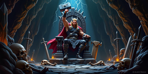 Subject Thor wielding Mjolnir sitting on a stone throne in a cavernous hall Composition Thor central.jpg