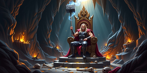 Subject Thor wielding Mjolnir sitting on a stone throne in a cavernous hall smoke rising from the ha.jpg