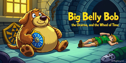 Subject Big Belly Bob a plush labradoodle with an absurdly large belly holding an ocarina and the wh.jpg