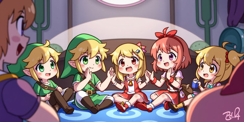 A whimsical cartoonish scene featuring Linkyocarina Bella Lolo r4tm spynxic and mlu all hanging out .jpg