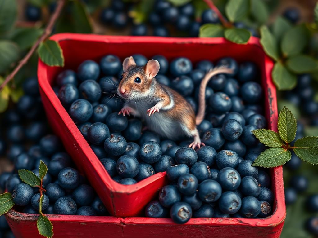 A red box of blue berries with a rat dancing inside