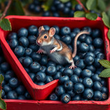 www.naked-ai.art - A red box of blue berries with a rat dancing inside