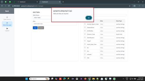R1 R2. Table Manager Add Table Change the alert message 'Table and Alias are required' to 'Table Nam.png