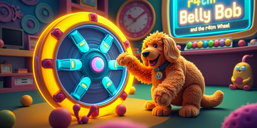Subject Big Belly Bob a plush labradoodle with an absurdly large belly reaching for a glowing wheel .jpg