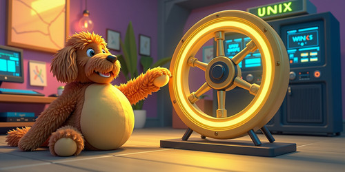 Subject Big Belly Bob a plush labradoodle with an absurdly large belly reaching for a glowing wheel .jpg