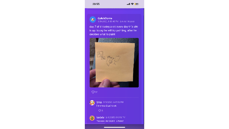 None Screenshot of a post where user CalebDenio posts a picture of a rat he draws daily on a post-it. This one has a rat trying to paint.