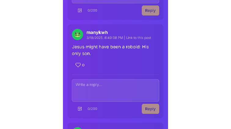 None Screenshot of a seven39 user with a frog avatar’s post that reads “jesus might have been a roboid: his only son.”