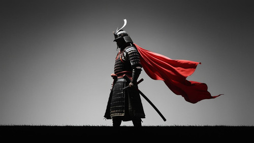 a samurai in shadow. and a red lengthy but not widely cloth which is attached to his helmet. whole p.jpg