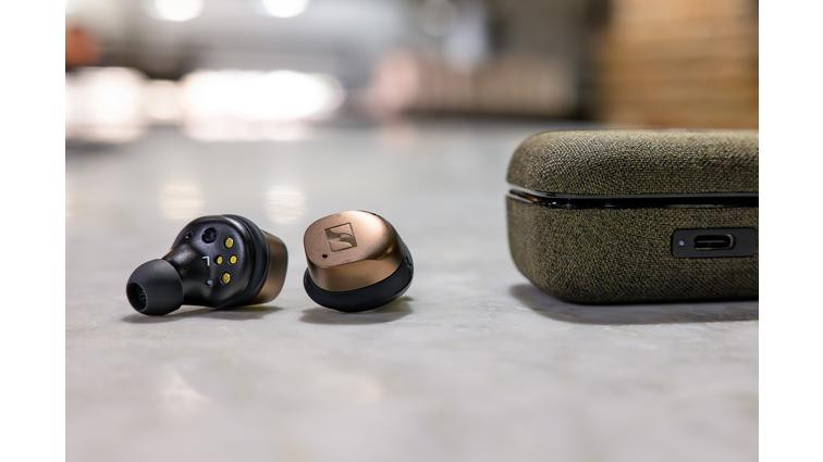 None A photo of Sennheiser’s Momentum True Wireless 4 earbuds in copper.