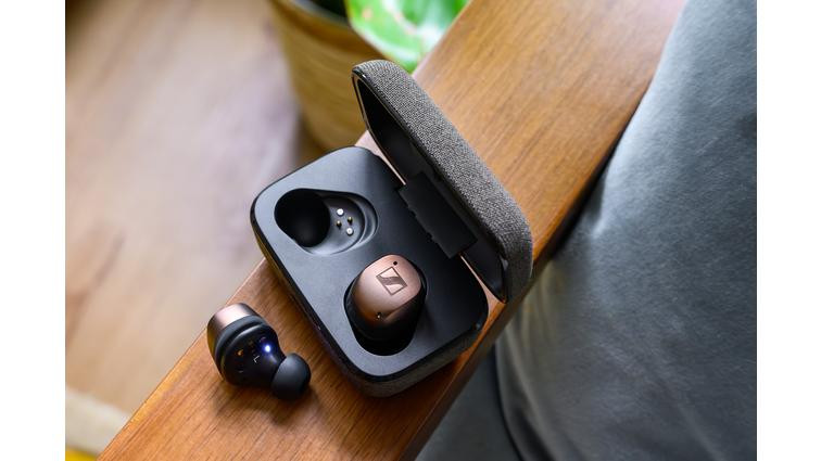 None A photo of Sennheiser’s Momentum True Wireless 4 earbuds in copper.