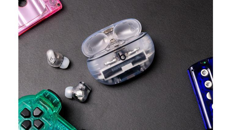 None A photo of Beats’ translucent Studio Buds Plus earbuds.