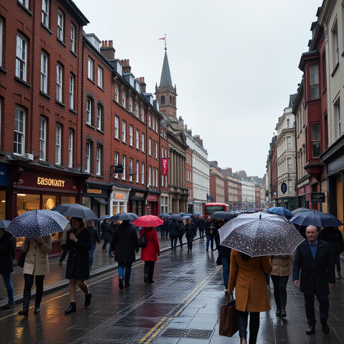 A cloudy drizzly London street with umbrellas and people in coats.jpg