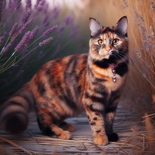 a cat that is a tortoiseshell with pink, red, and orange splotches, and amber pink eyes. Full body, .jpg