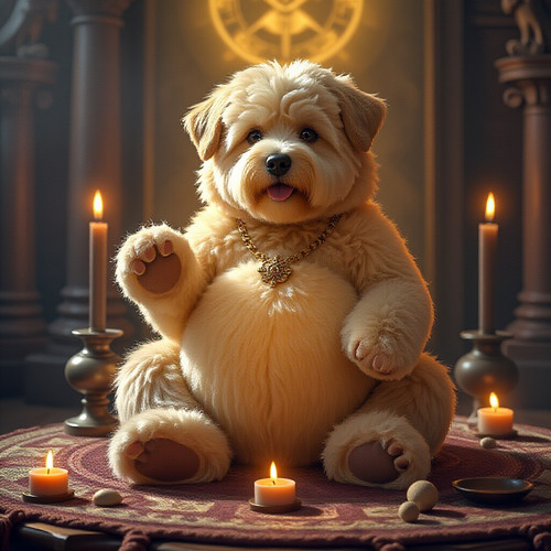 photorealistic picture of a fluffy bouncy labradoodle teddy bear creature with an absurdly large bou.jpg