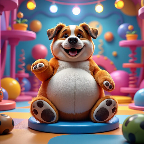 photorealistic picture of a bouncy dog with an absurdly large bouncy belly sitting like a teddy bear.jpg