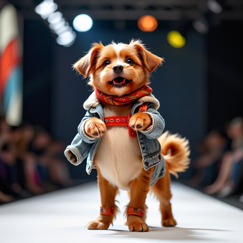 a bouncy dog with a big belly floppy ears and a curly tail posing as a fashion model on a runway wea.jpg