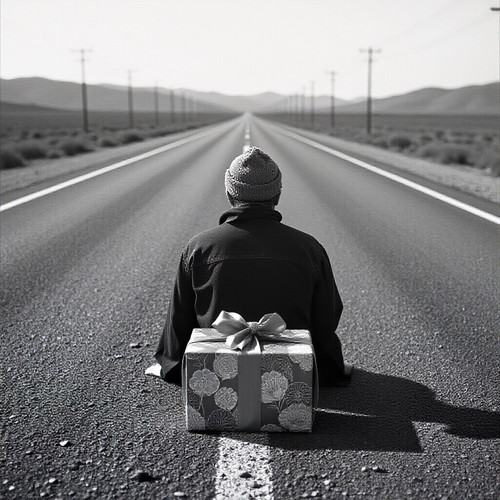 present wrapped in a Japanese furoshiki style sitting in front of a wanderer on a long straight road.jpg