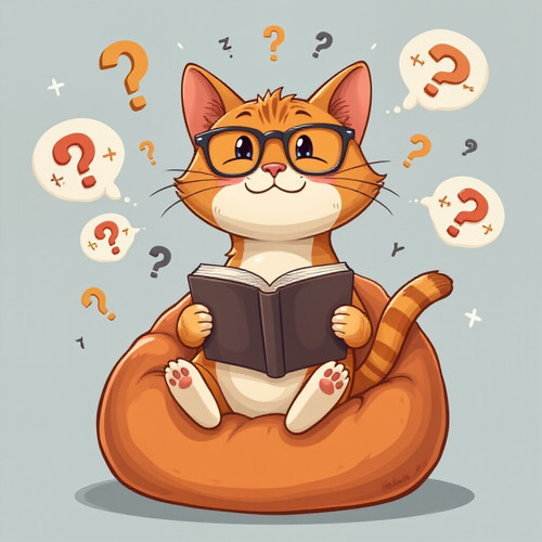 A whimsical cartoon style image of a cat wearing glasses and holding a philosophy book sitting on a .jpg