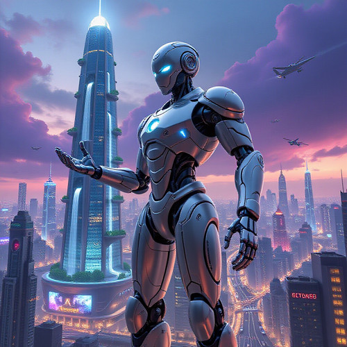 A majestic humanoid robot standing tall in a bustling neon lit metropolis with sleek silver armor re.jpg