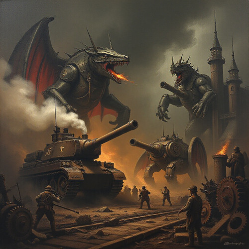 Historical painting depicting massive mechanical creatures battling in a smoky industrial landscape .jpg