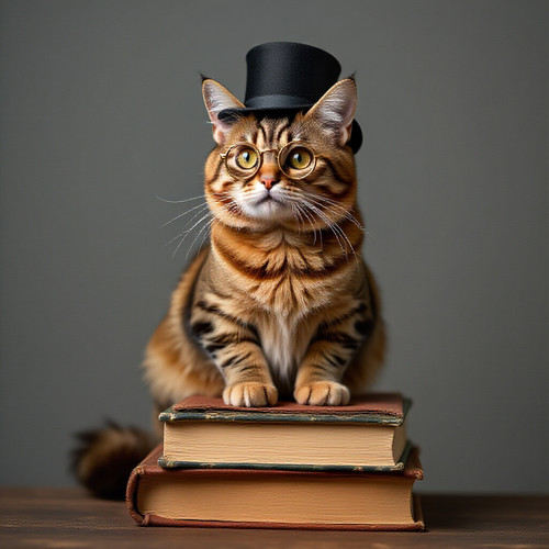 a cat wearing a tiny top hat and monocle sitting on a stack of books while looking extremely sophist.jpg