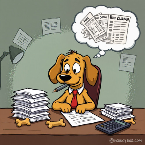 cartoon depiction of a bouncy dog filing out bouncy dog tax forms sitting at a desk with a pen in mo.jpg