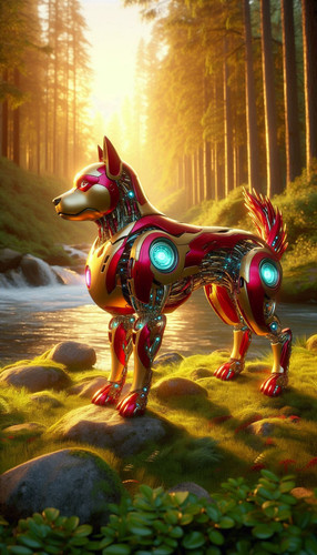 Create a hyper realistic robotic dog inspired by Iron Man. The dog should have a red and gold metall.jpg