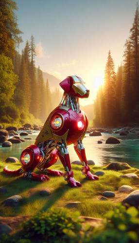 Create a hyper realistic robotic dog inspired by Iron Man. The dog should have a red and gold metall.jpg
