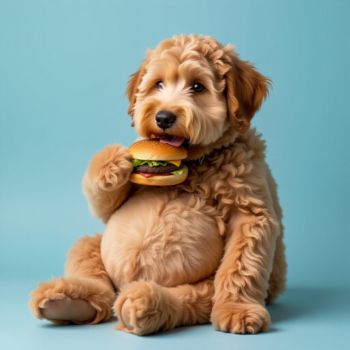 Big Belly Bella labradoodle with an absurdly large and bouncy belly sitting like a teddy bear enjoyi.jpg