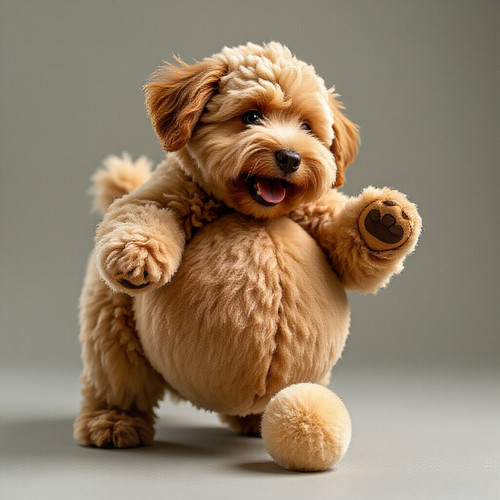 A bouncy dog labradoodle teddy bear creature with an absurdly large bouncy belly playing with a smal.jpg