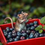 www.naked-ai.art - A red box of blue berries with a rat dancing inside