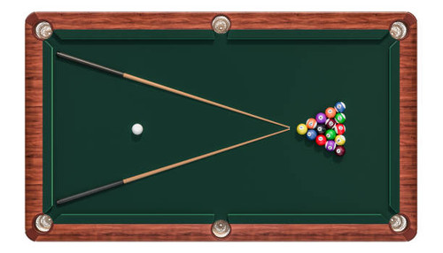 Billiard table with balls and cue, top view. 3D rendering isolated on white background.jpg
