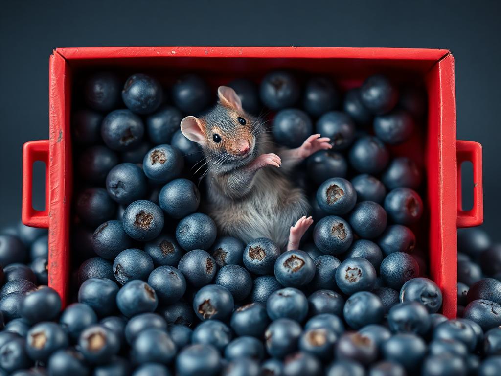 A red box of blue berries with a rat dancing inside