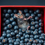 www.naked-ai.art - A red box of blue berries with a rat dancing inside