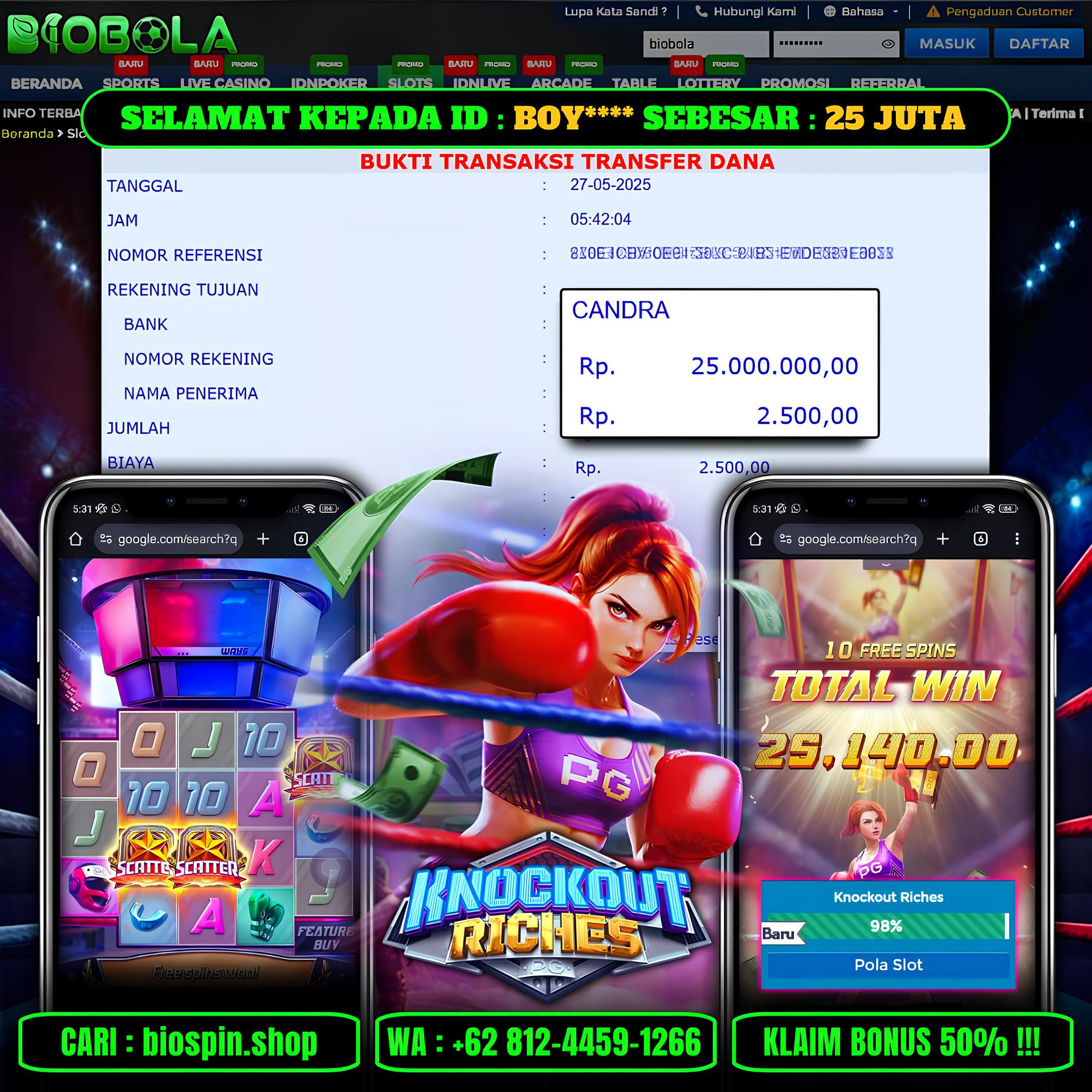 BIOBOLA  - JACKPOT DI GAME SLOT KNOCKOUT RICHES RP 25JT DIBAYAR LUNAS