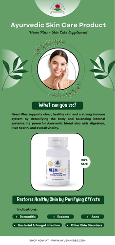Ayush Herbs brings you Neem Plus, the perfect blend of purity and power. As a standout in our Ayurvedic skin care products line, it targets root causes of breakouts and skin dullness using neem, turmeric, and burdock. This internal formula doubles as one of the most effective natural supplements for skin health, helping your skin stay clear, balanced, and nourished.

See the skin-loving science behind it—don’t miss our infographic!
Visit our website for more skincare products https://ayushherbs.com/product-category/skincare-support/.