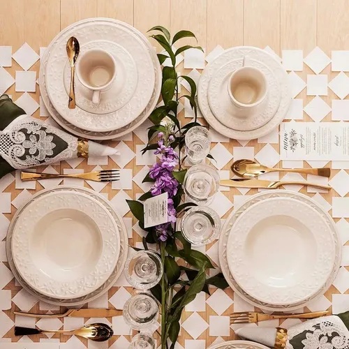 Conjunto de 20 peças de pratos de mesa de cerâmica Oxford, copos, cor bege/marfim