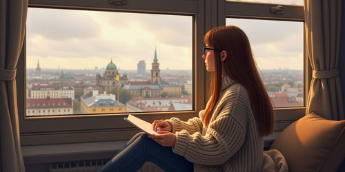 A 16 year old girl with long brown hair wearing a cozy oversized sweater and glasses sitting on a wi.jpg