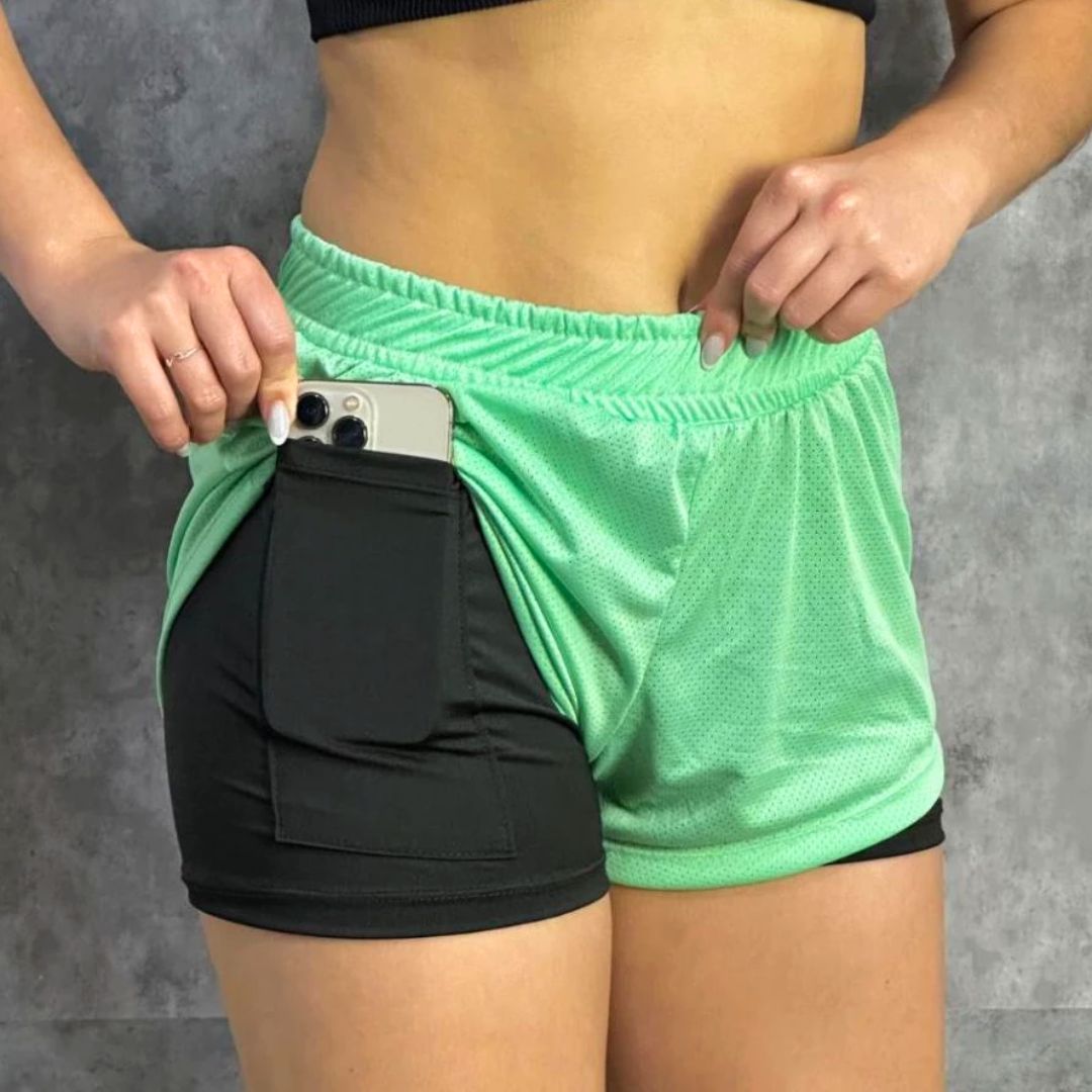 Shorts 2 em 1 Academia Feminino Duplo Com Bolso Interno Para Celular Casual