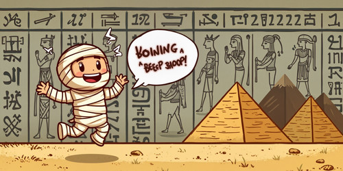 A mummy bouncing with a boing a beep boop sound effect with a giggling expression The background is .jpg