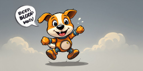 A cartoon style dog bouncing with a robotic playful energy It has exaggerated features with beep boo.jpg