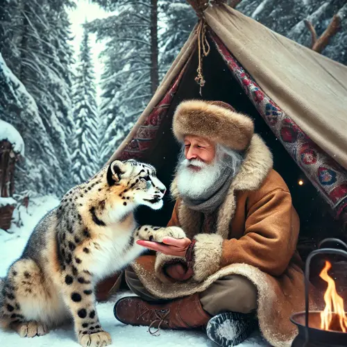 DALL·E 2025 03 01 19.26.19 A wise old man sitting at the entrance of his tent in a snowy forest, gen.webp