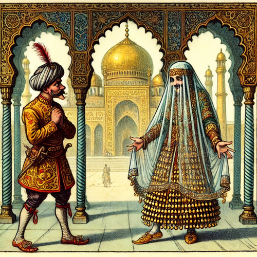 DALL·E 2025 03 15 23.45.00 A comical scene in the opulent palace of Caliph Al Rashid. Nino Diapason,.png