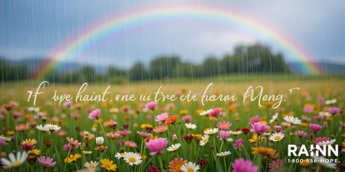 A gentle comforting rain shower falling softly over a field of wildflowers with a rainbow arcing acr.1
