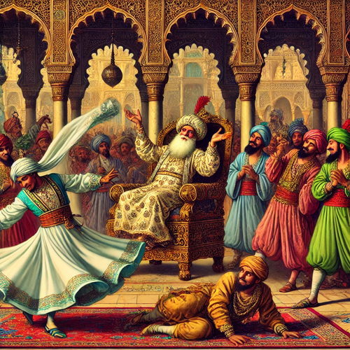 DALL·E 2025 03 15 23.45.05 A hilarious scene in the lavish palace of Caliph Al Rashid. Nino Diapason.png