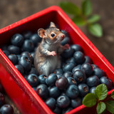 www.naked-ai.art - A red box of blue berries with a rat dancing inside