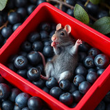 www.naked-ai.art - A red box of blue berries with a rat dancing inside