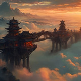 openart chinese towers and living quarters on a bridge high above a sea of clouds (1)