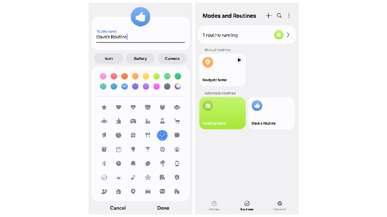 None On the left, a routine called “Dave’s Routine” and a list of icons that can be used for the routine. On the right, Modes and Routines that are manual and automatic.