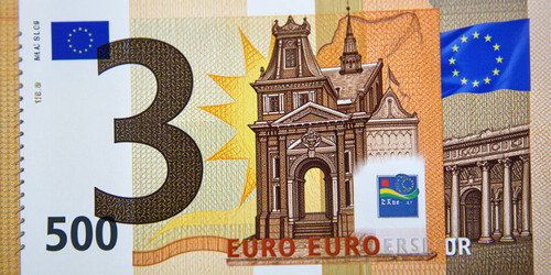 A three euro bill Realistic depiction of a standard euro bill with the value 3 prominently displayed.jpg